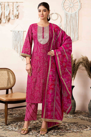 Pink Floral Foil Printed Chanderi Silk Straight Salwar Suit