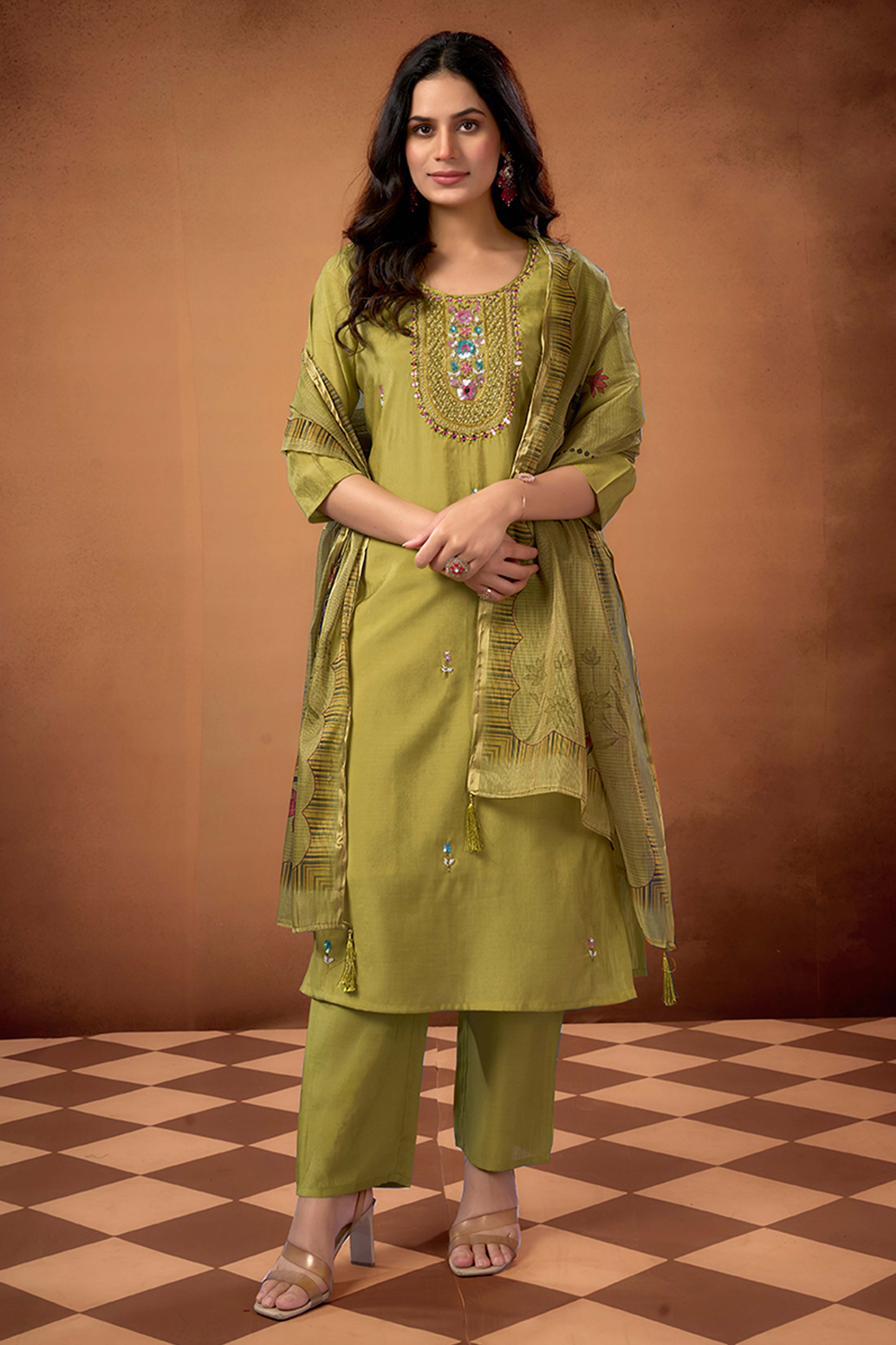 Lime Green Beads Work Embroidered Shimmer Straight Salwar Suit