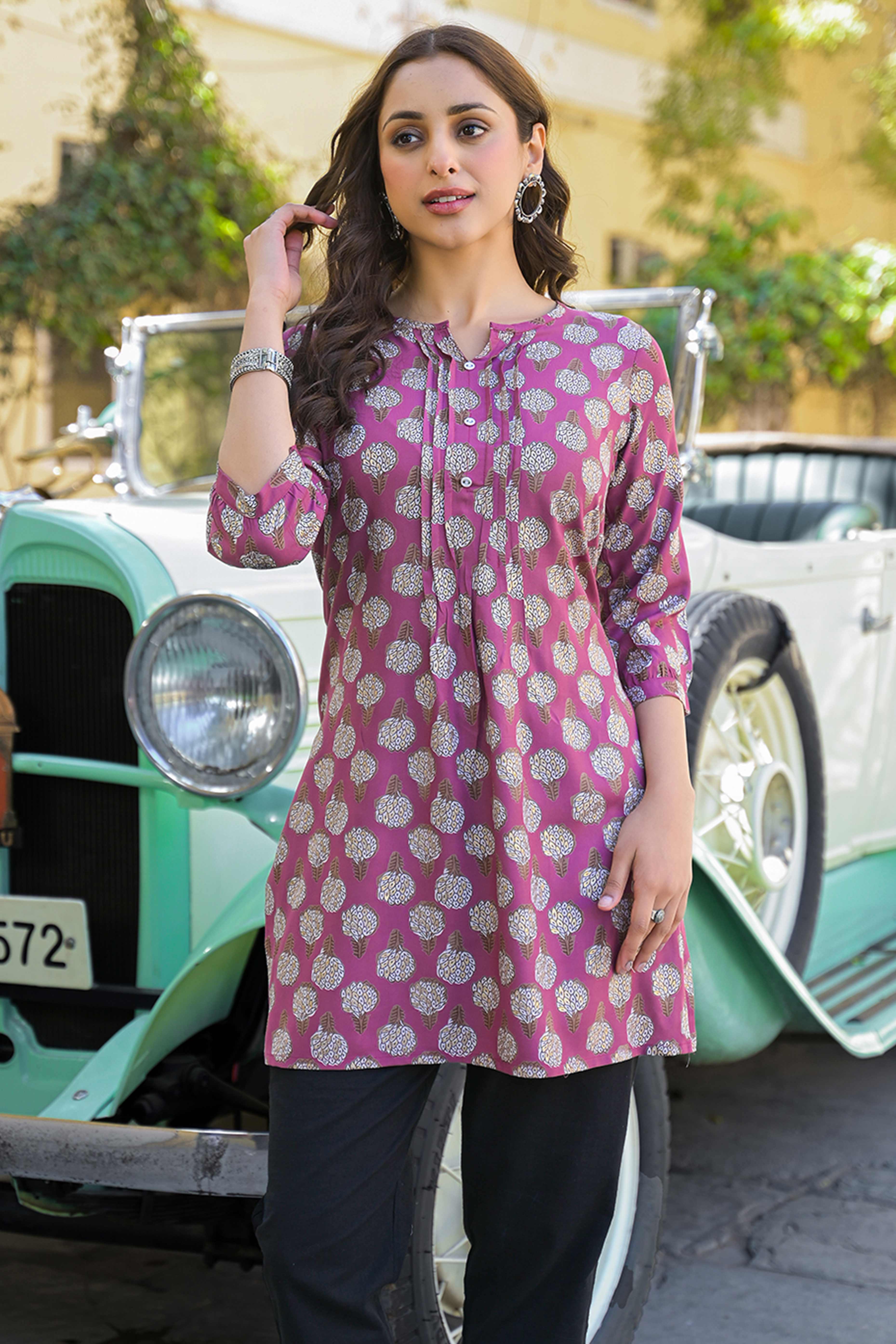 Purple Floral Printed Rayon Straight Top