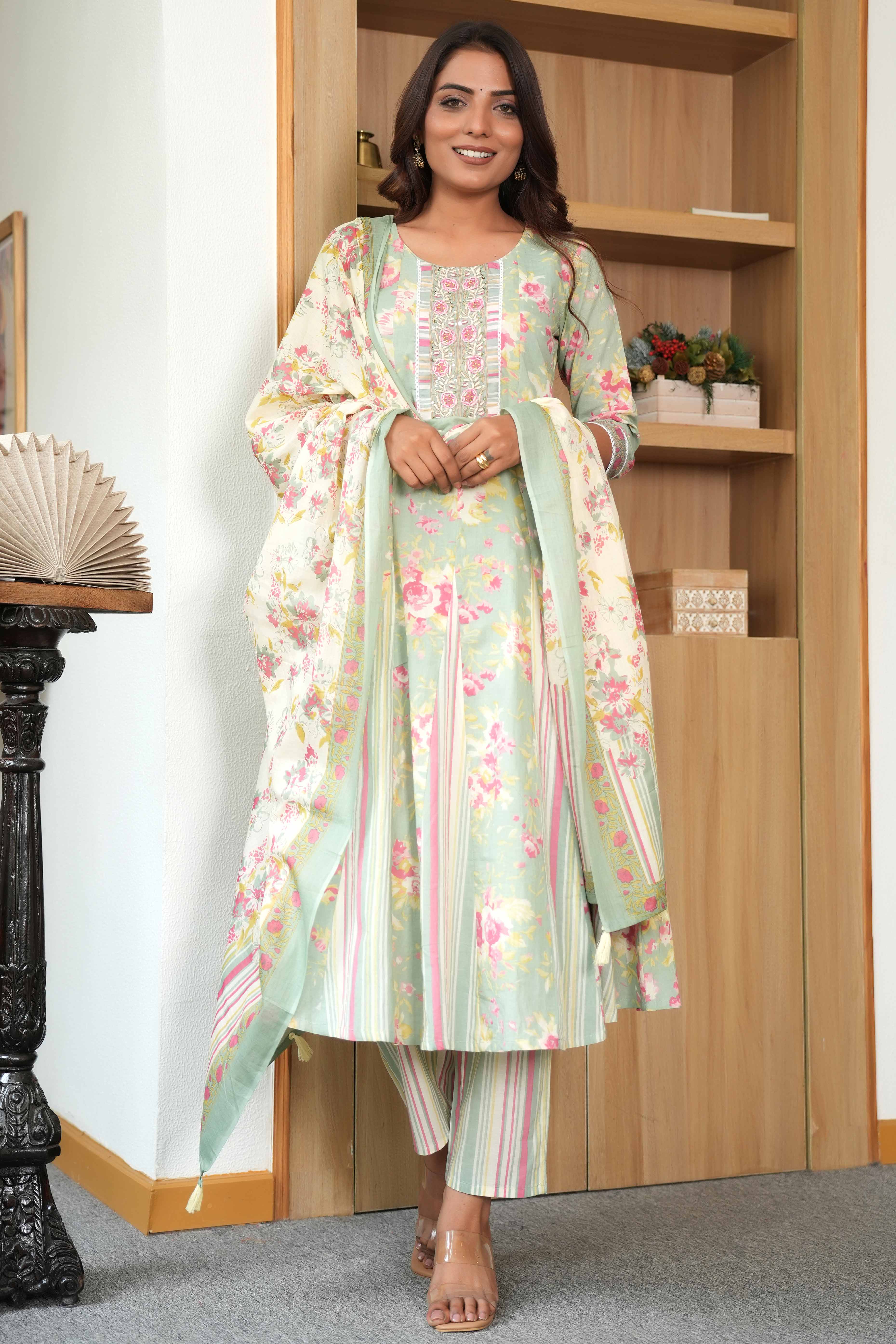 Floral Printed Pista Green Pure Cotton A-Line Salwar Suit with Intricate Handwork