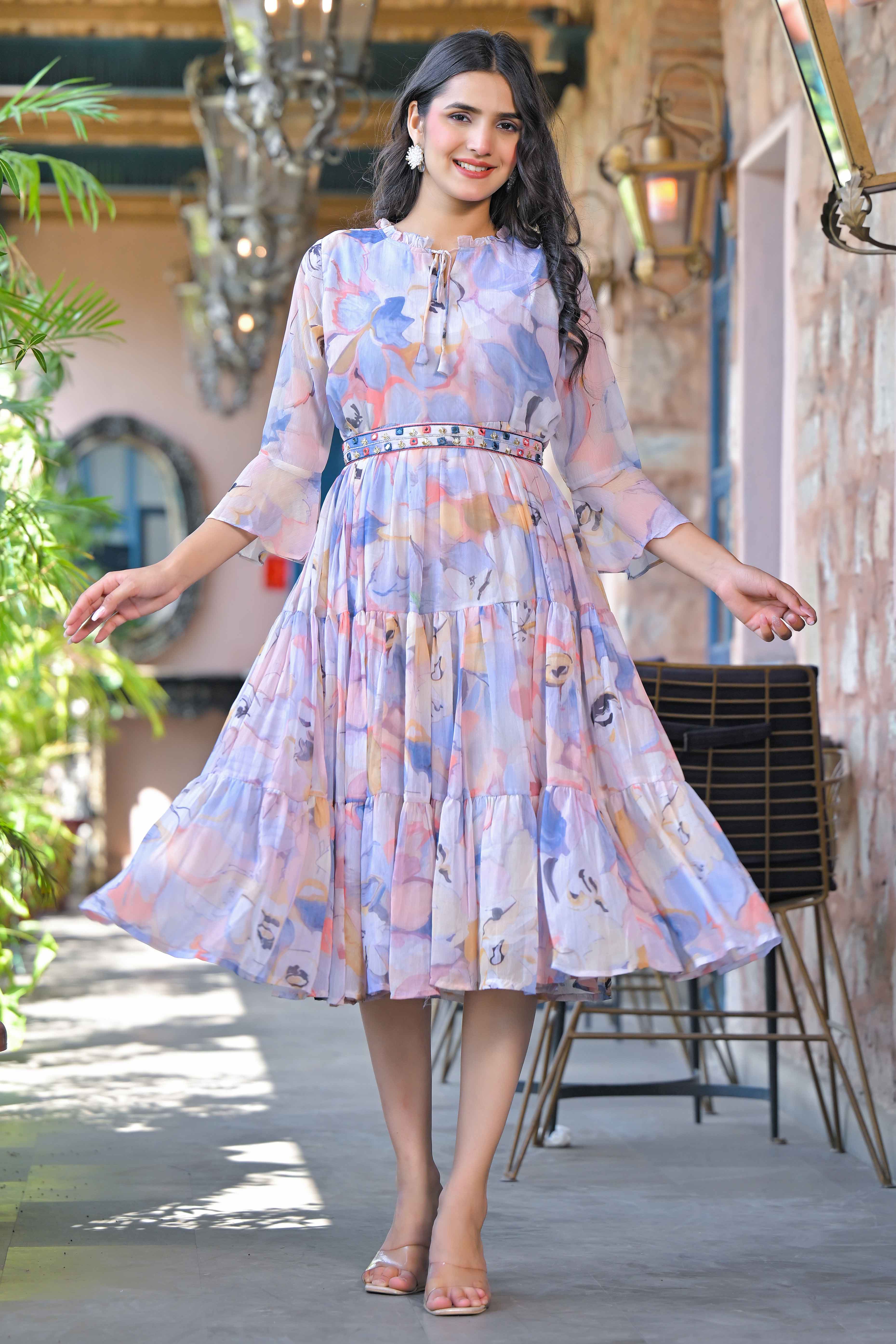 Multicolor Floral Printed Chiffon Maxi Dress With Waist Belt