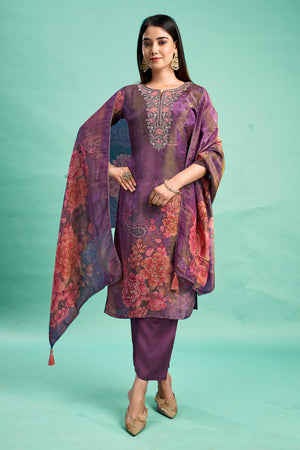 Purple Bandhani Printed With Embroidery Work Pure Viscose Salwar Suit