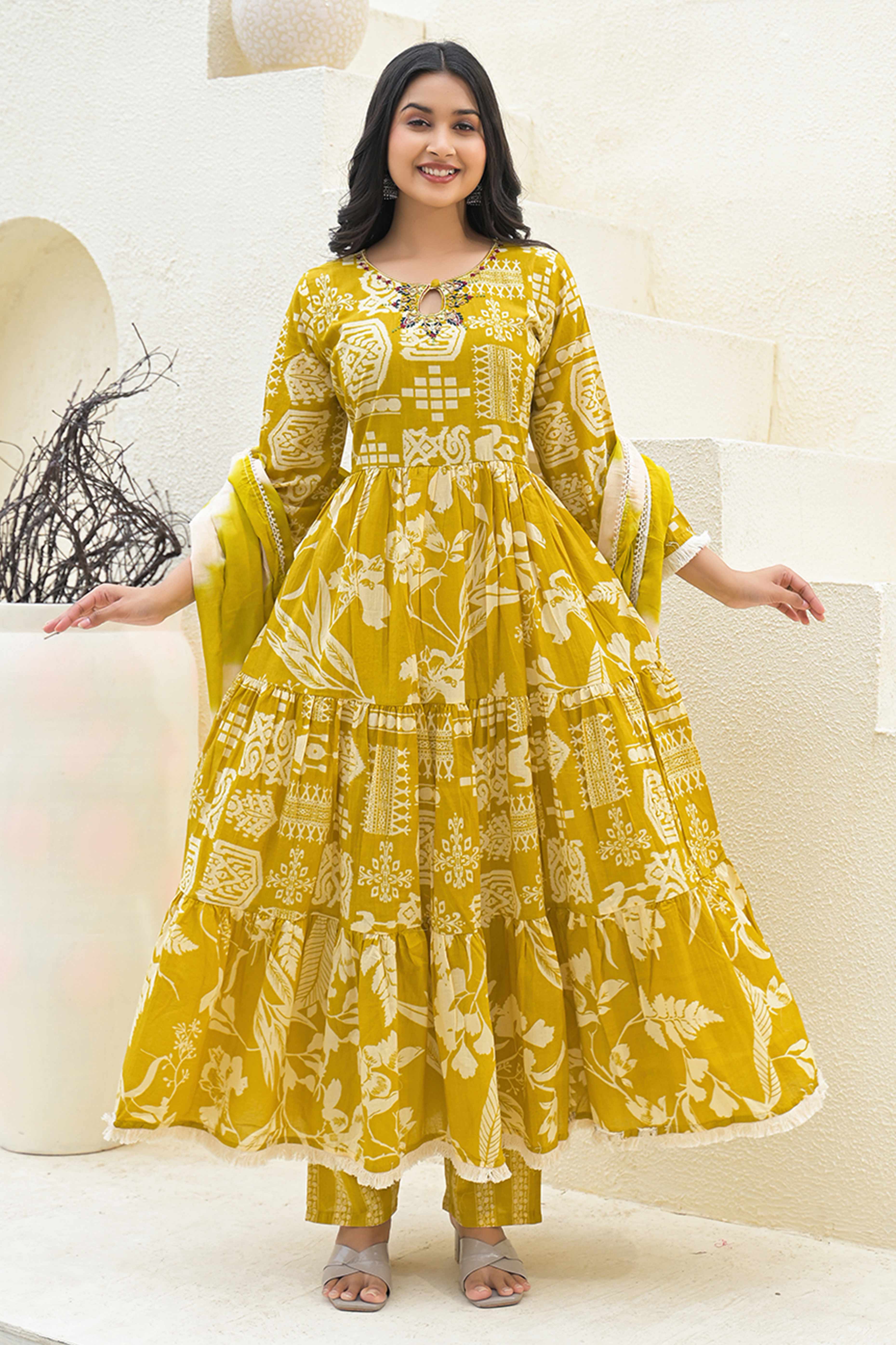 Traditional Printed Mustard Anarkali Salwar Suit with Delicate Embroidery in Cotton Fabric