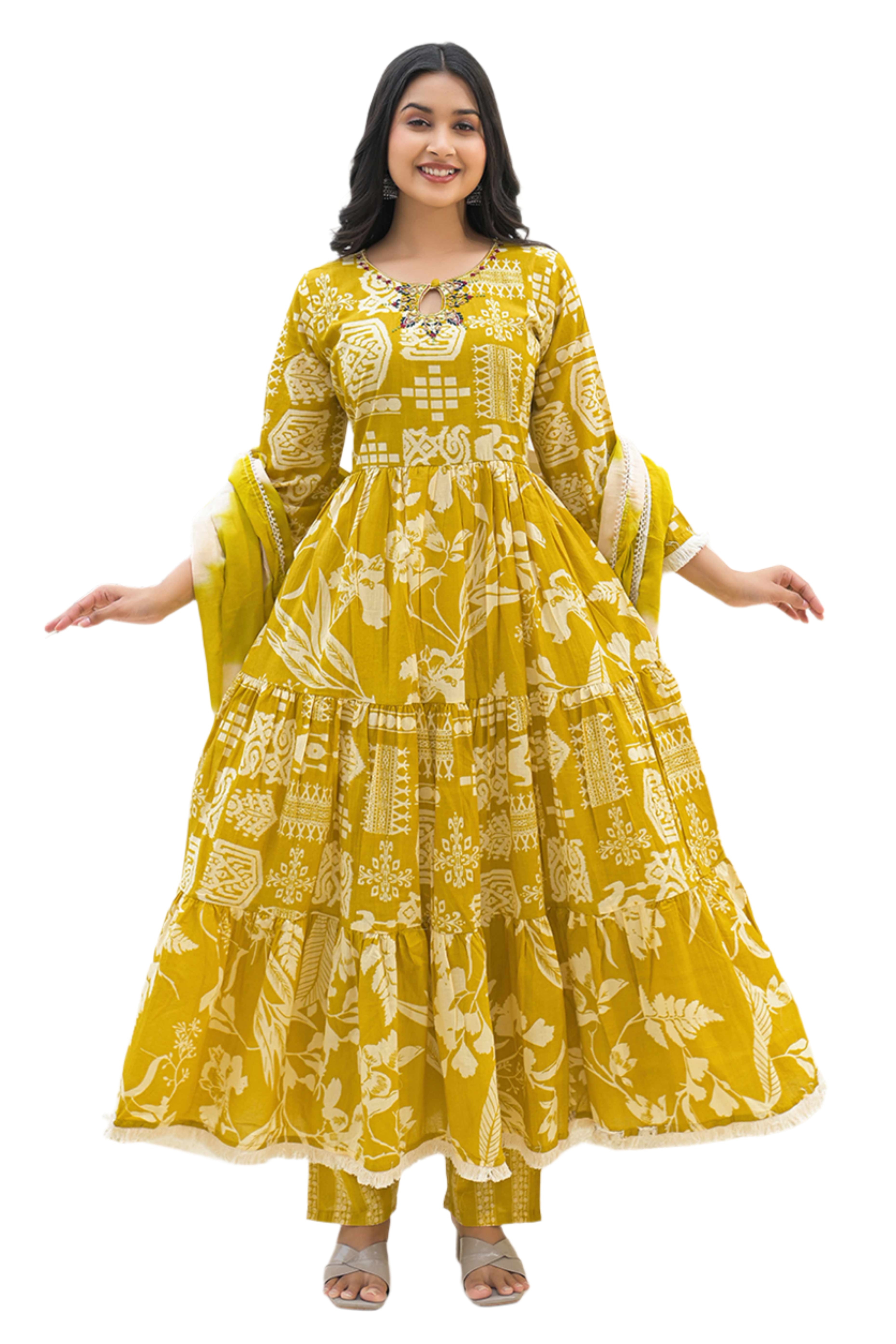Traditional Printed Mustard Anarkali Salwar Suit with Delicate Embroidery in Cotton Fabric