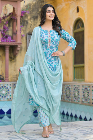 Turquoise Floral Printed Pure Cotton Straight Salwar Suit