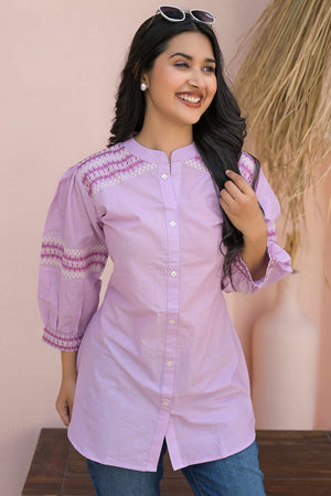 Lavender Straight Top in Cotton with Delicate Embroidered Highlights