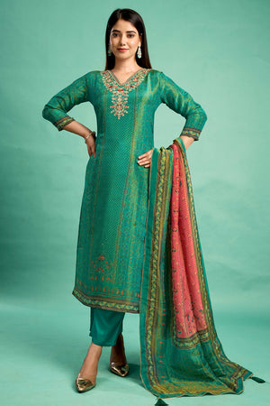 Bottle Green Bandhani Printed With Embroidery Work Pure Viscose Salwar Suit