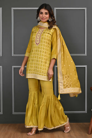 Vibrant Mustard Zari Weaving Cotton Silk Sharara Suit Ensemble