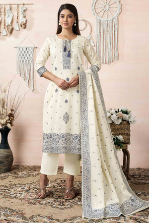 Off White & Blue Jacquard Weaving Pure Cotton StraigHT Salwar Suit