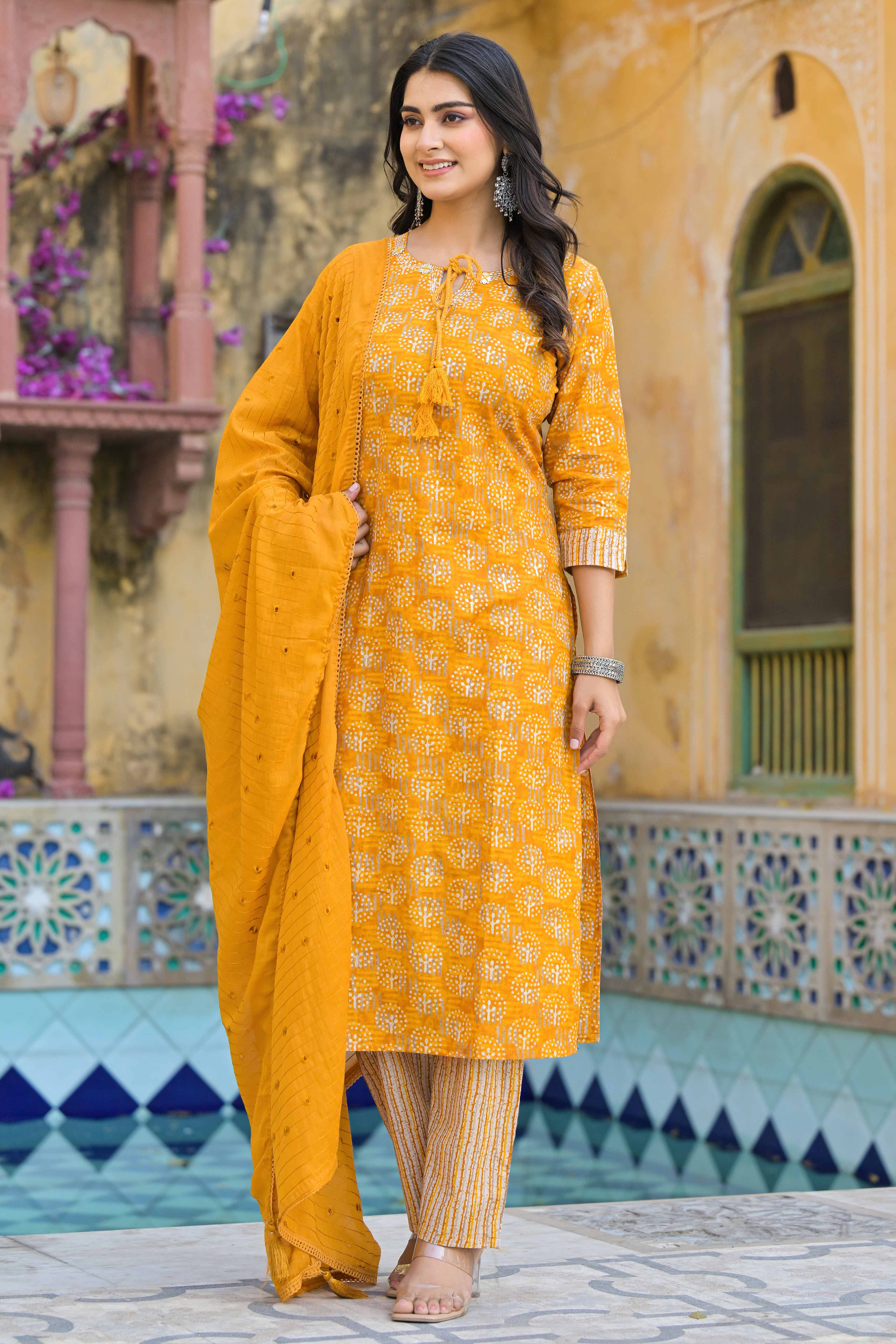 Mustard Floral Printed Pure Cotton Straight Salwar Suit