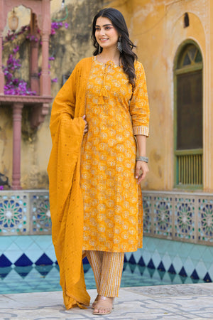 Mustard Floral Printed Pure Cotton Straight Salwar Suit