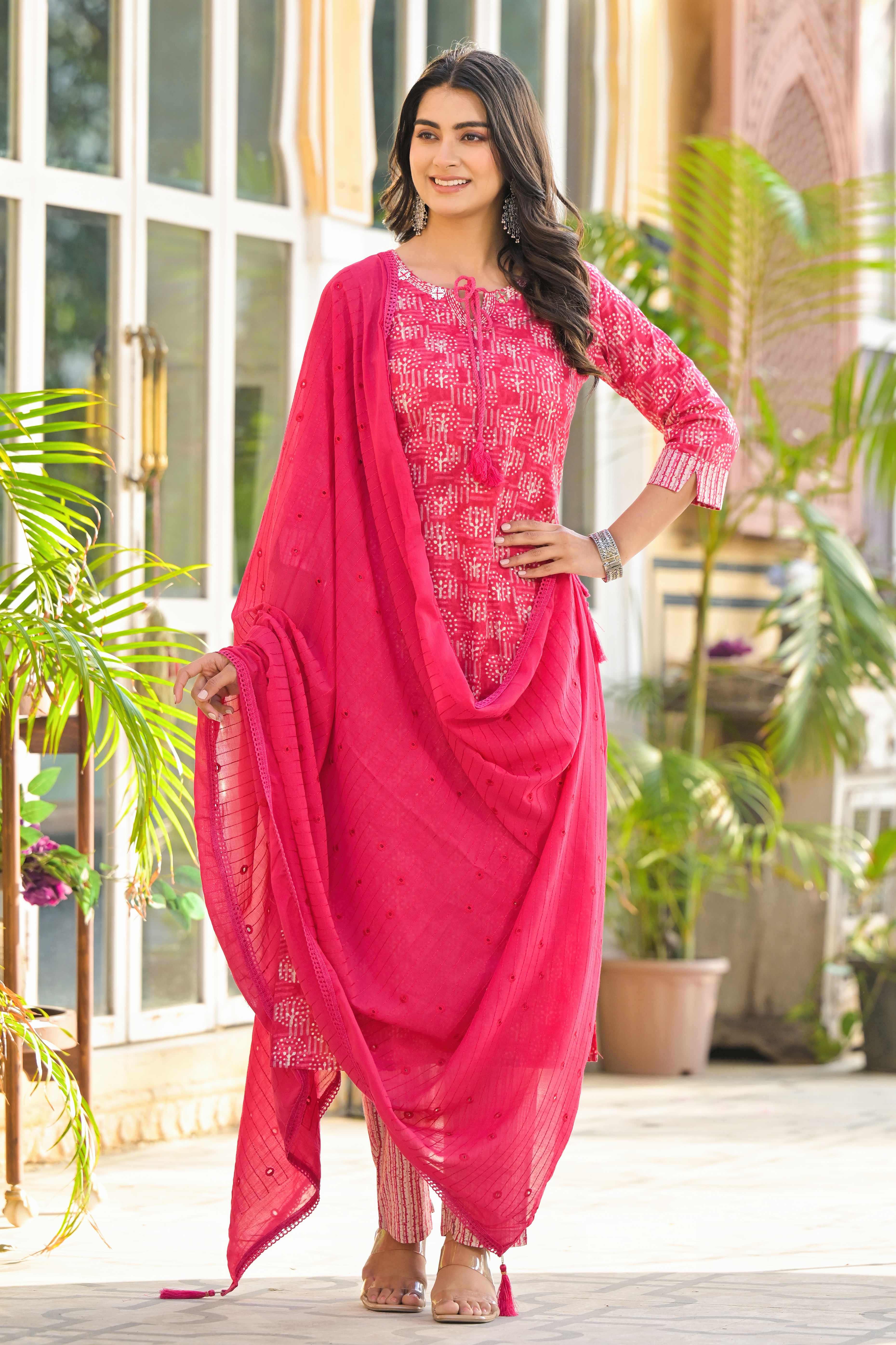 Pink Floral Printed Pure Cotton Straight Salwar Suit