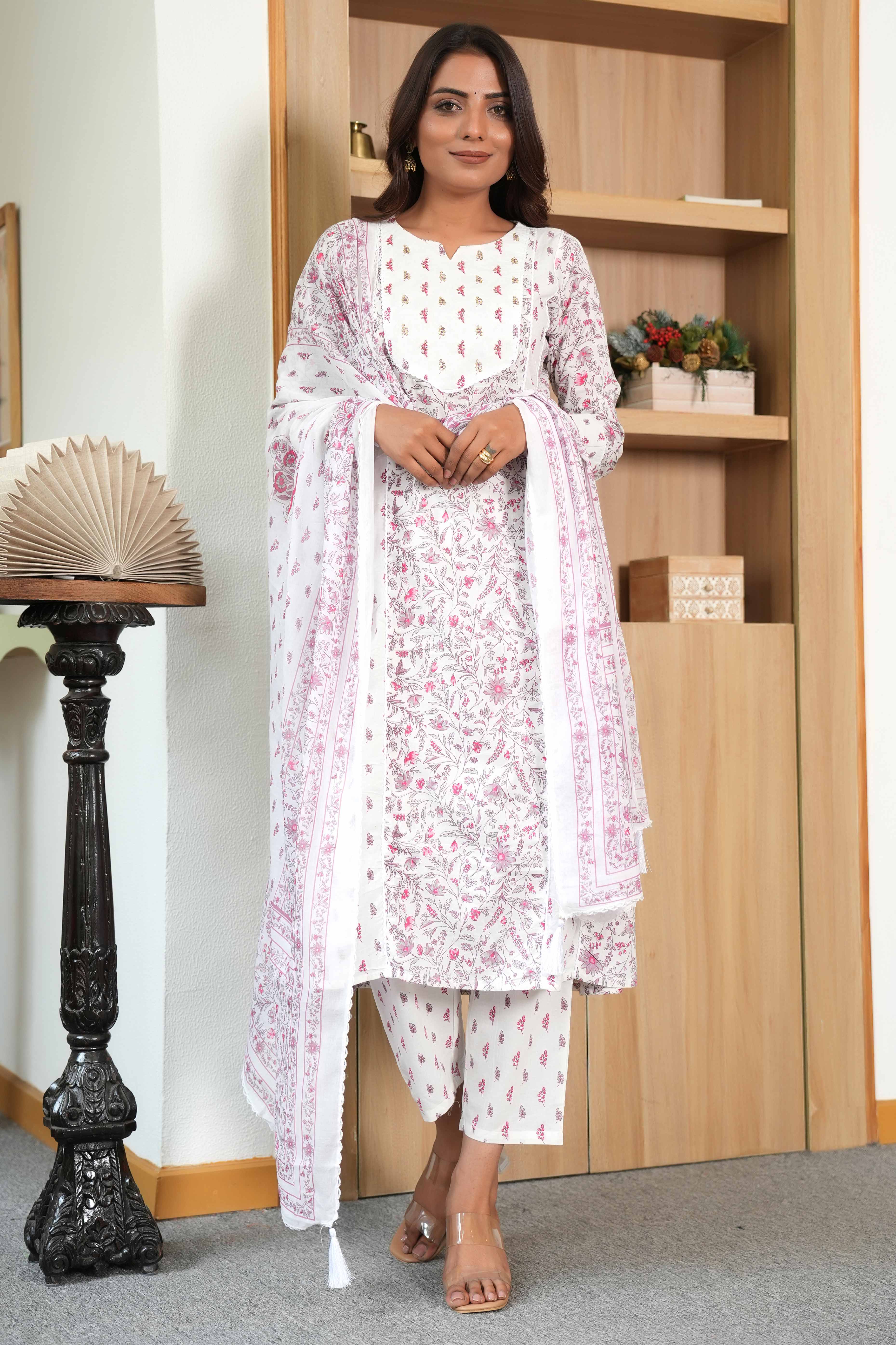 White A-Line Suit in Pure Cotton Featuring Subtle Floral Patterns