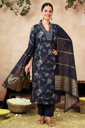 Black Floral Printed Cotton Silk Straight Salwar Suit