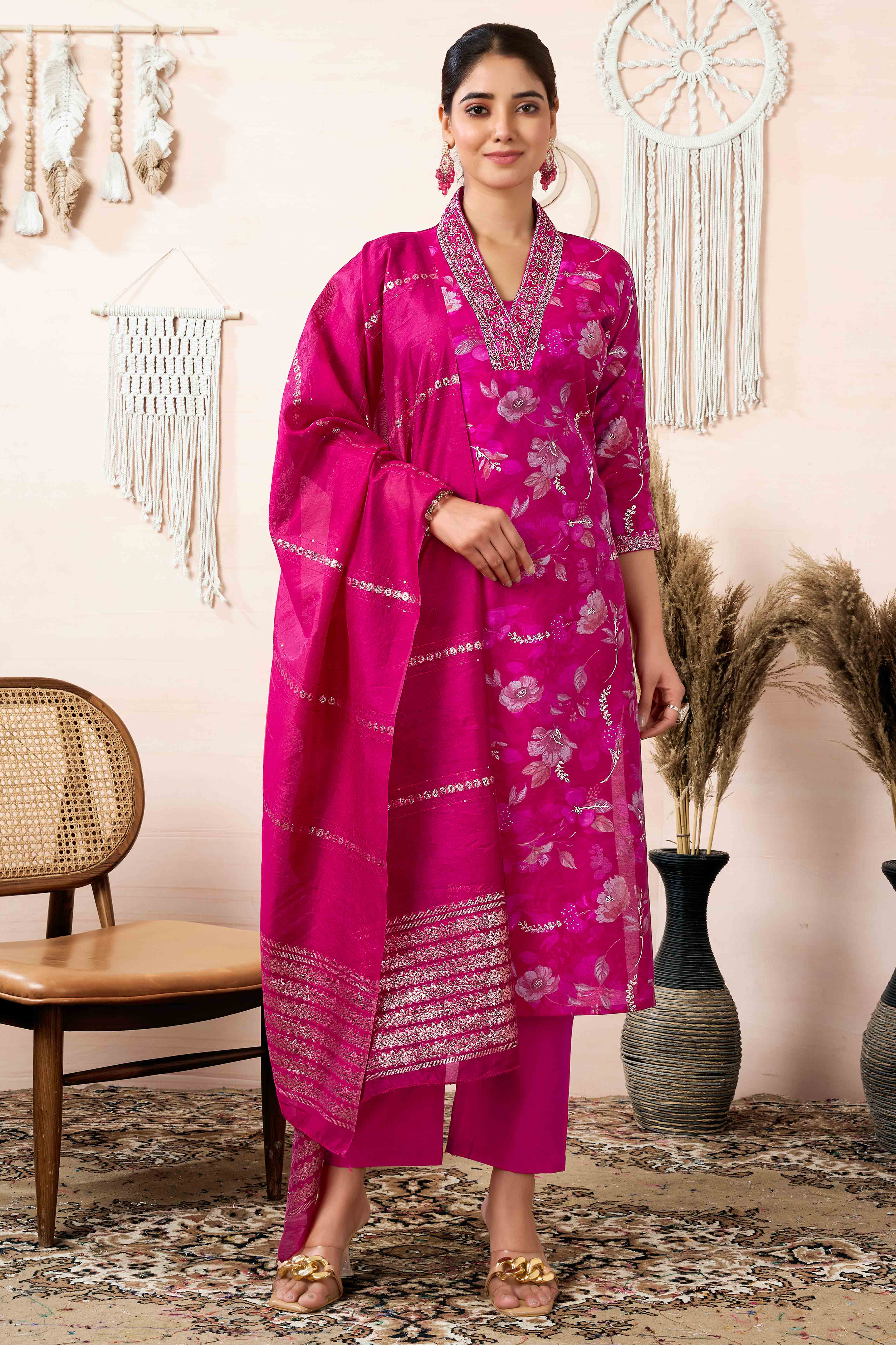 Pink Floral Foil Printed Cotton Silk Straight Salwar Suit