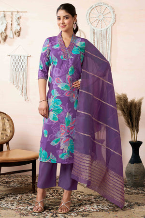Purple Floral Printed Cotton Silk Straight Salwar Suit