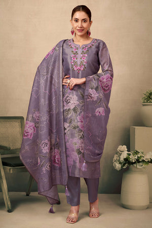 Mauve Floral Printed and Embroidered Straight Suit in Rich Textured Jacquard Fabric