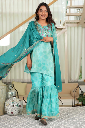 Turquoise Embroidered Organza Sharara Set with Delicate Floral Sequins