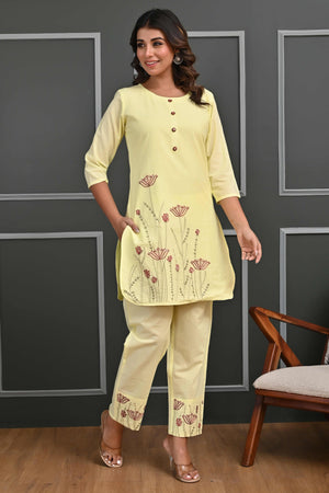 Radiant Yellow Floral Embroidered Co-Ord Set in Breathable Cotton for Stylish Comfort