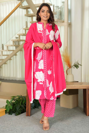 Rani Pink Pure Cotton Suit with Artistic Floral Prints With Modern Front Slit Look