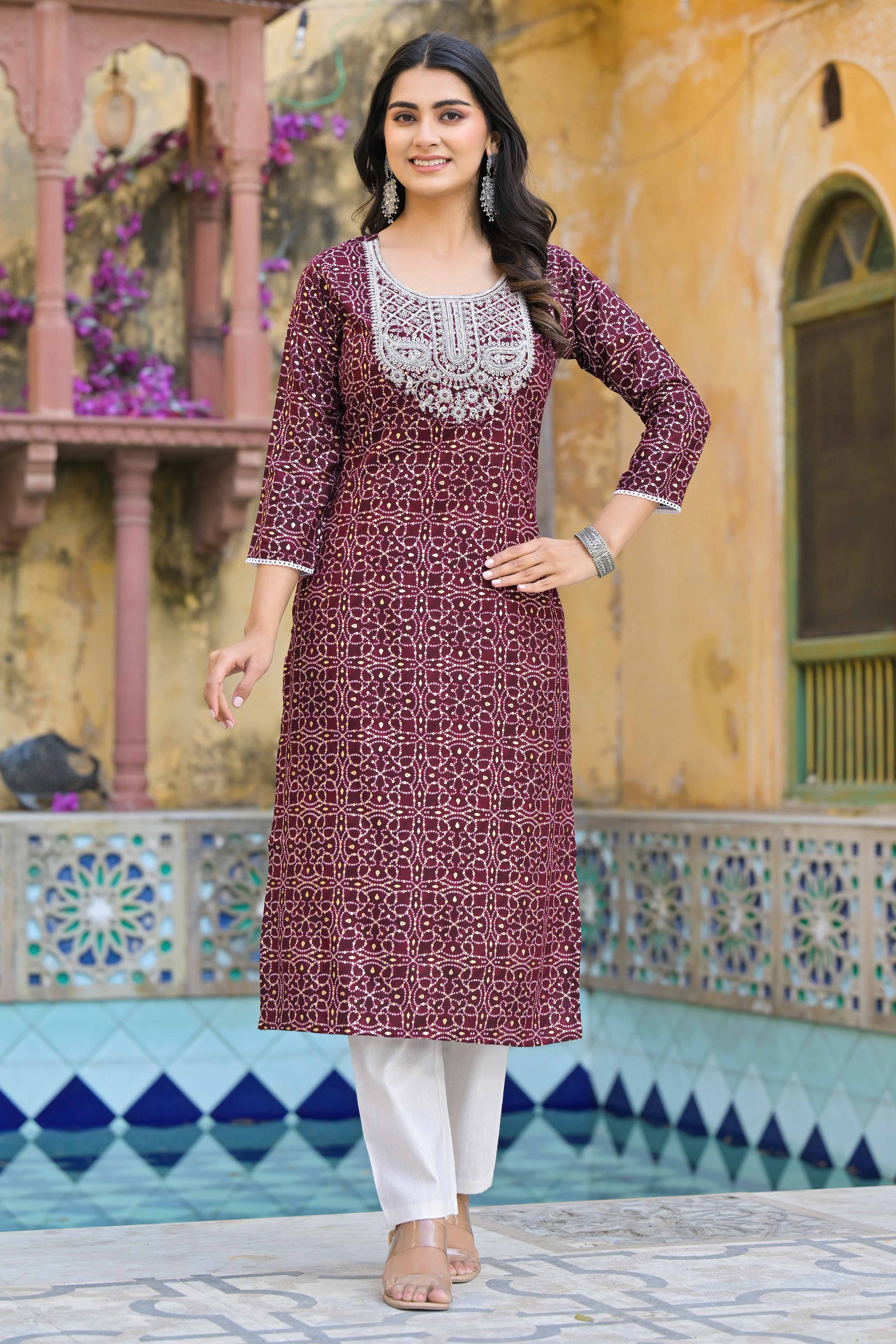 Maroon Bandhani With Embroidered Rayon Straight Kurti