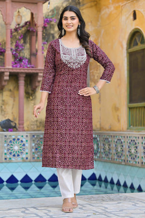 Maroon Bandhani With Embroidered Rayon Straight Kurti