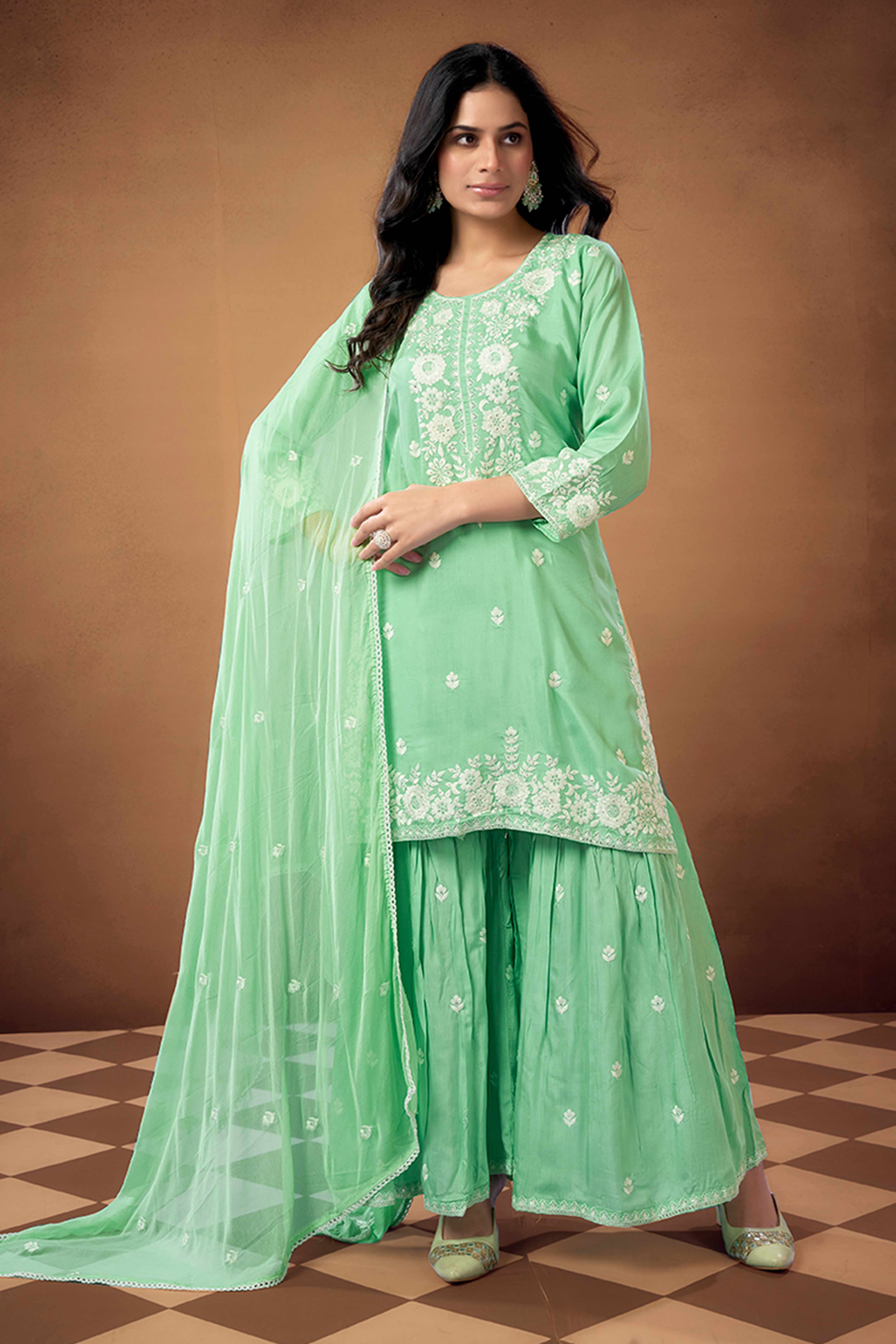 Sea Green Floral Embroidered Muslin Straigth Sharara Suit