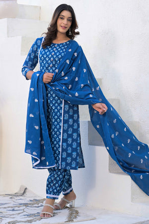 Navy Blue Floral Printed Cotton Suit With Straight Cut Design