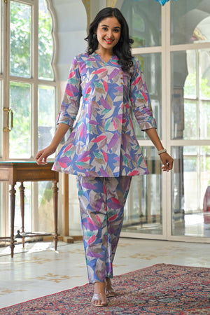 Multicolor Floral Foil Printed Pure Cotton A-Line Top Bottom Set