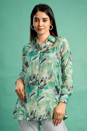 Sea Green Floral Printed Muslin Straight Top