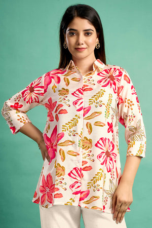 Cream & Pink Floral Printed Muslin Straight Top