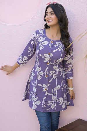 Purple Floral Printed Pure Cotton A-Line Top