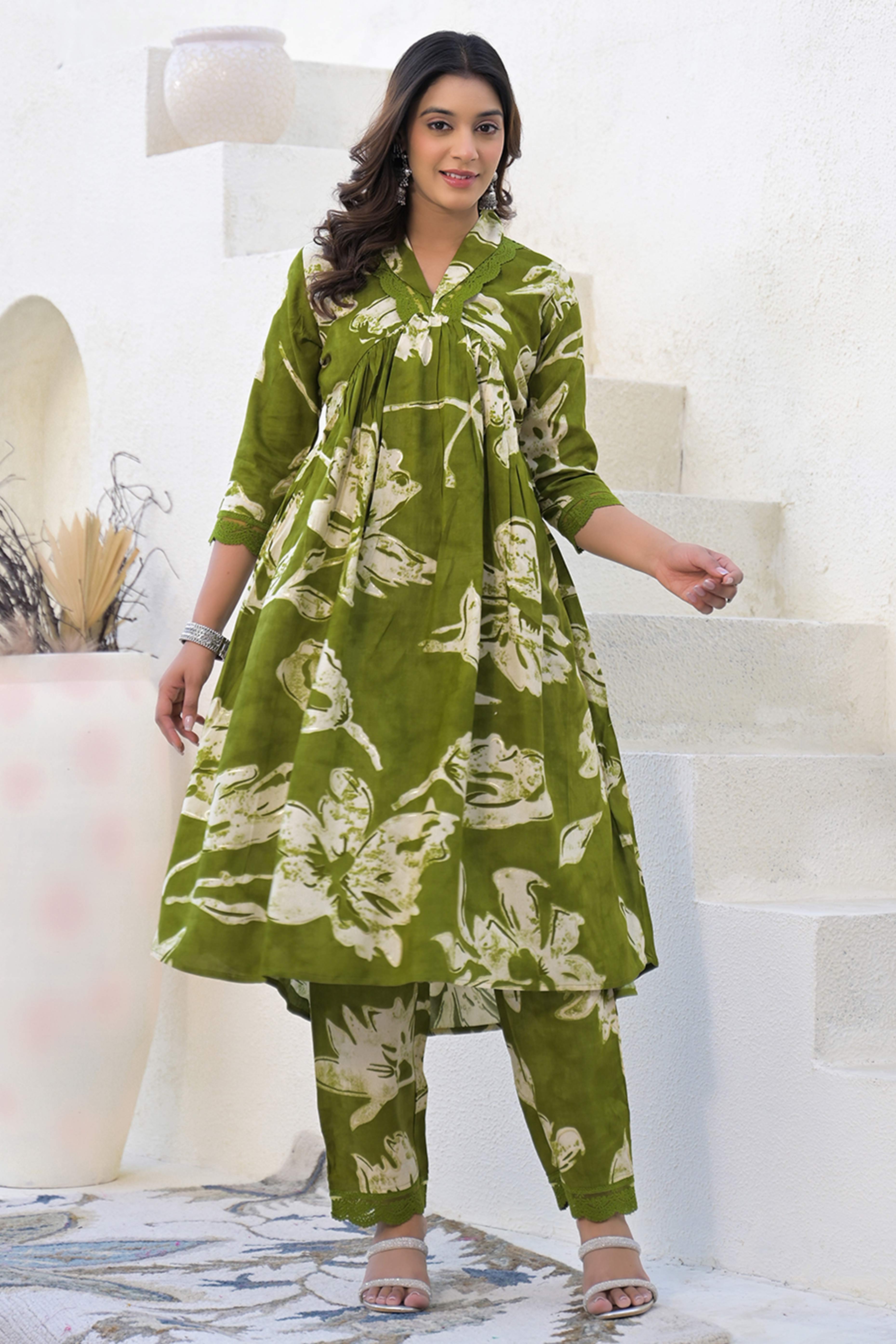 Flourishing Print Green Rayon A-Line Co-Ord Set