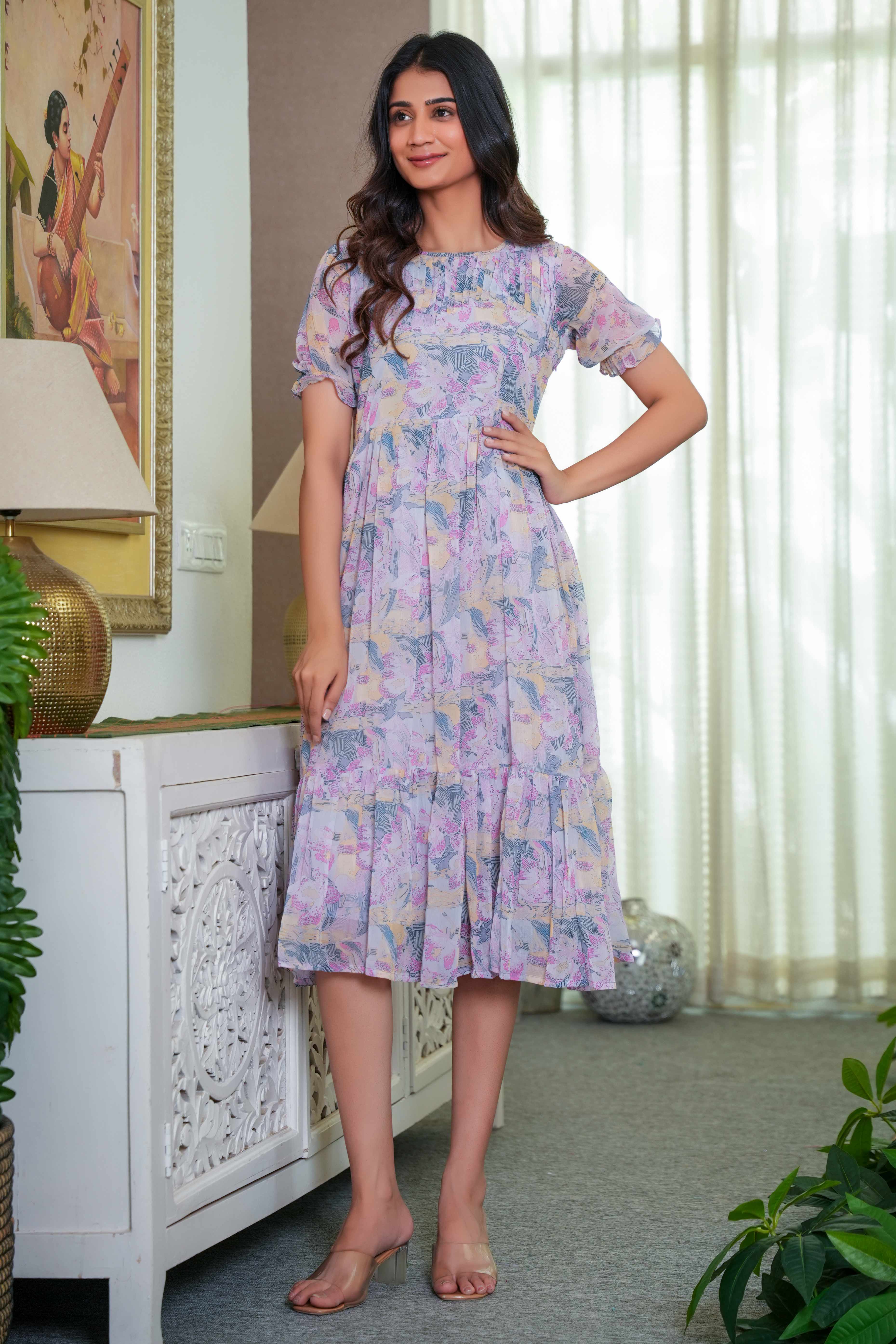 Floaty Lavender Floral Print Maxi Dress in Chiffon