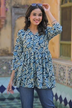 Turquoise Floral Printed Rayon A-Line Top