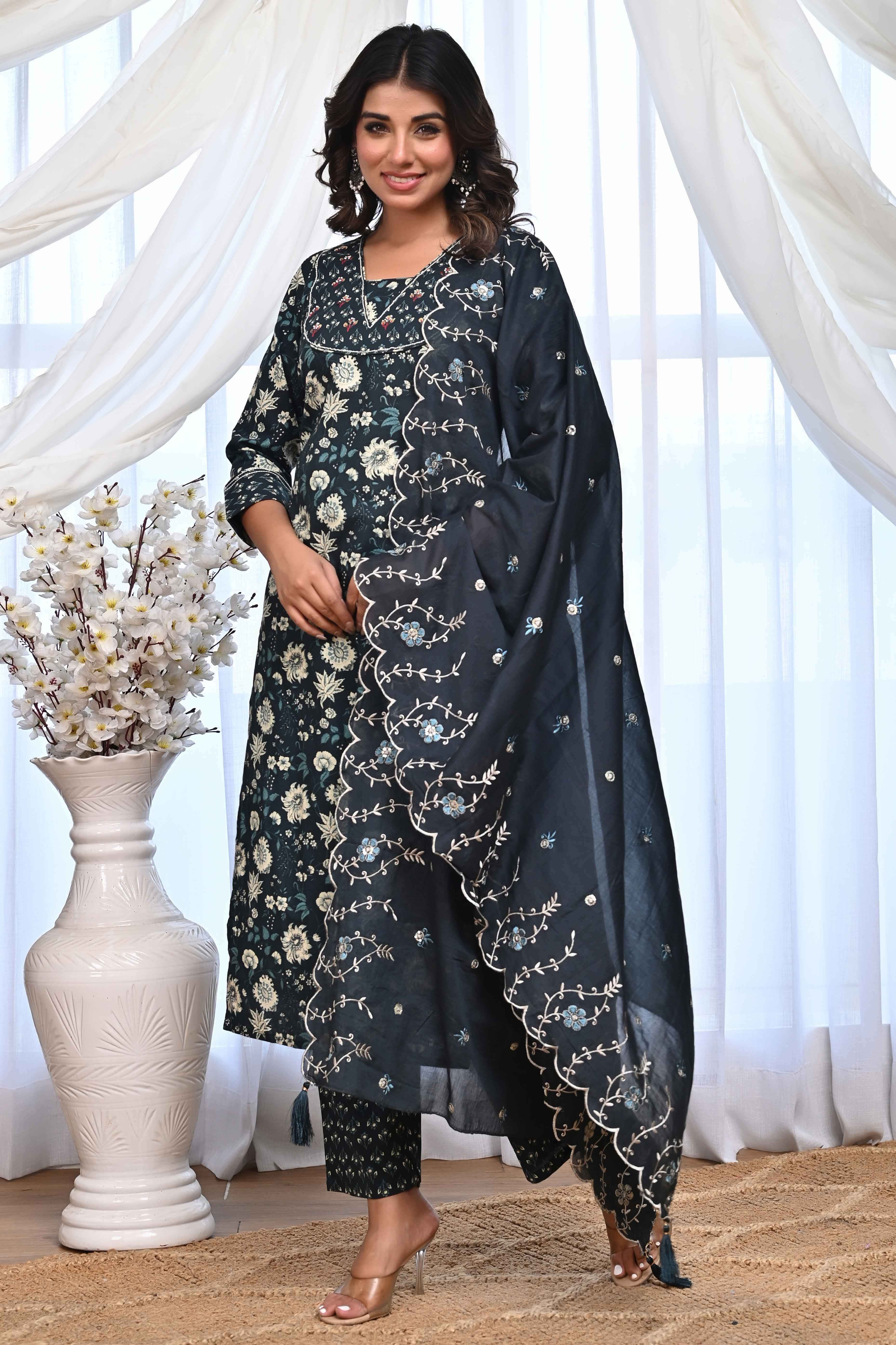 Dark Teal Blue Floral Printed Salwar Suit Adorned With Delicate Sequin Work On Pure Cotton