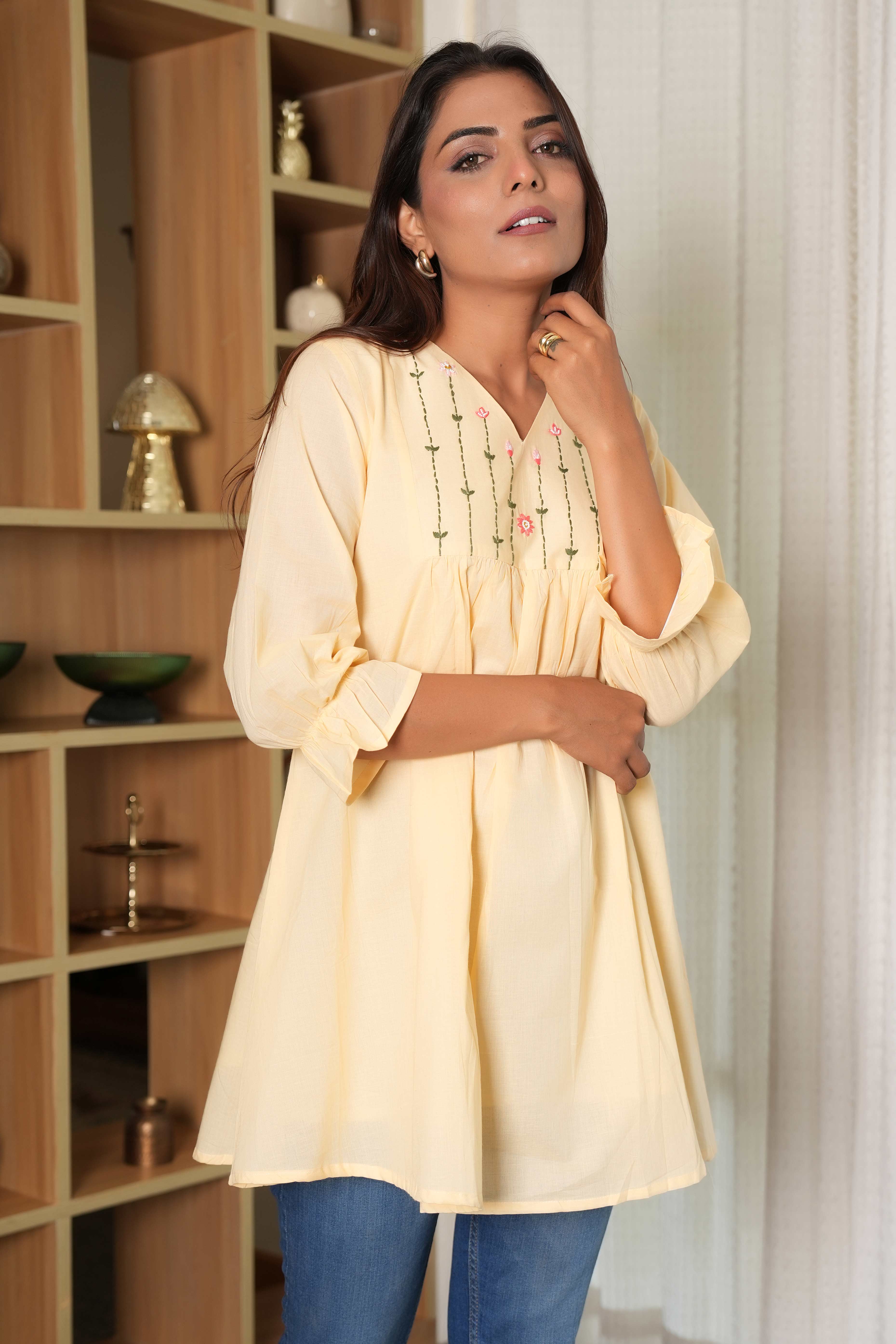 Light Peach A-Line Embroidered Tunic Top in Pure Cotton for Effortless Style