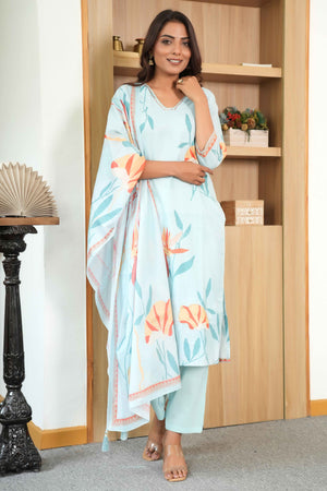 Powder Blue A-Line Kurta Set in Soft Pure Cotton with Floral Design