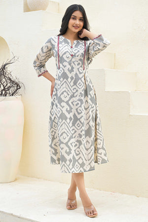 Pure Cotton Grey A-Line Kurti with Ethnic Ikkat Patterns