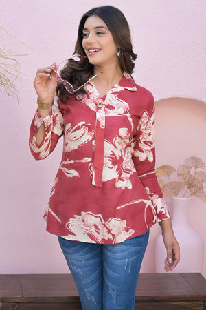 Graceful Cherry Red Rayon Straight Top With A Charming Floral Print