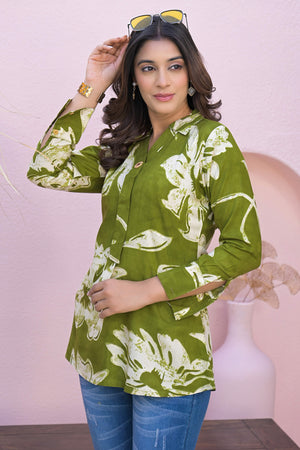 Graceful Green Rayon Straight Top With A Charming Floral Print