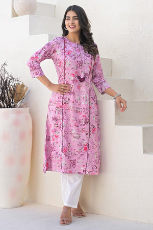 Light Purple Floral Printed Rayon A-Line Cut Kurti
