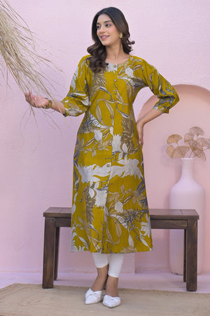 Mustard Floral Printed A-Line Kurti in Pure Cotton Fabric