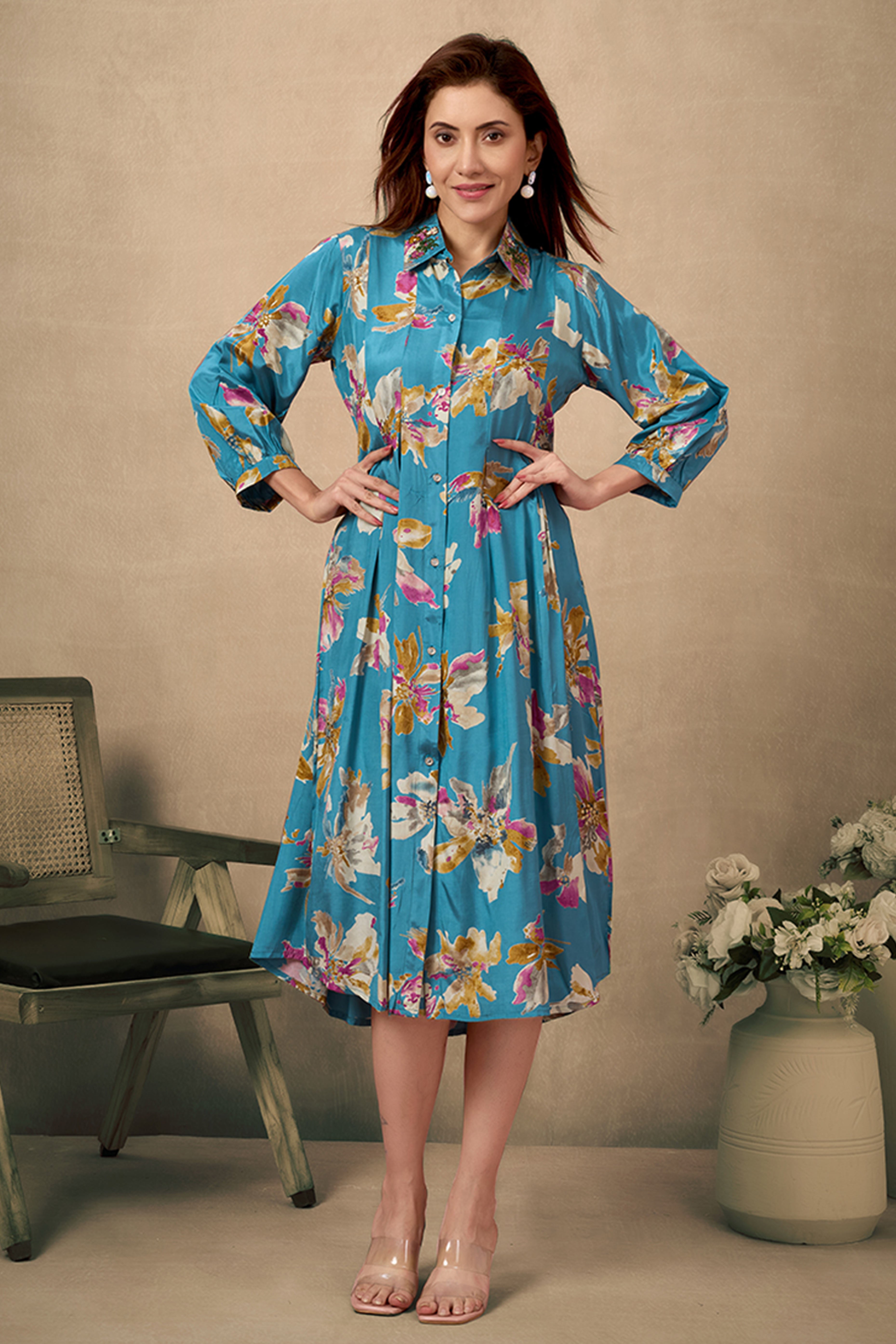 Turquoise Floral Printed Muslin Dress with a Flattering A-Line Silhouette