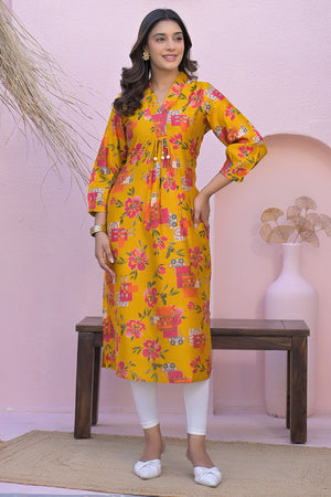 Mustard A-Line Kurti in Soft Viscose with Floral Design