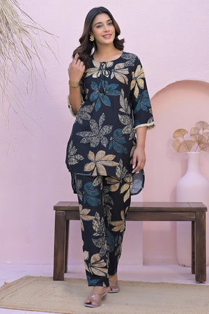 Black Floral Printed Rayon Short Top And Bottom Pant
