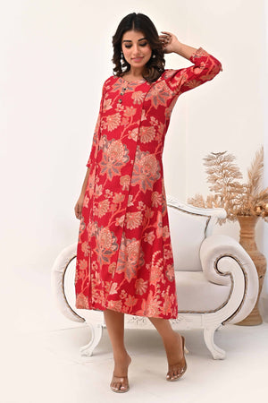 Red Chanderi Silk Kurti Dress with Artistic Floral Prints