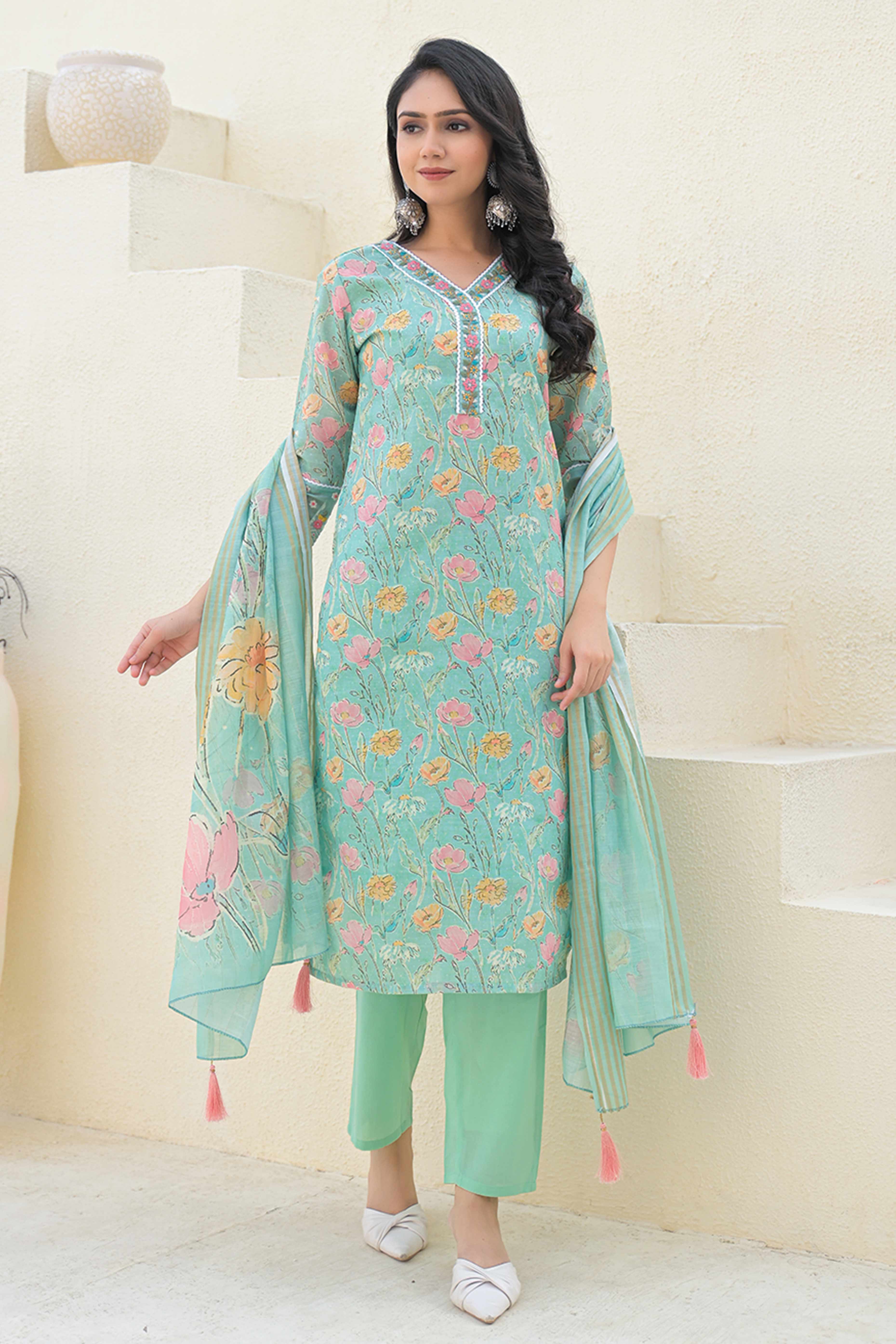 Sea Green Linen Straight Suit Featuring Printed Florals & Delicate Embroidery