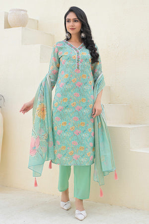 Sea Green Linen Straight Suit Featuring Printed Florals & Delicate Embroidery