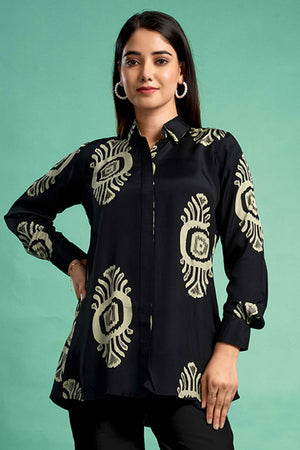 Black Floral Printed Muslin Straight Top